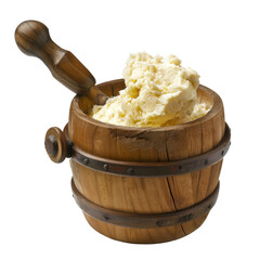 Wooden butter churn with fresh butter isolated on transparent background