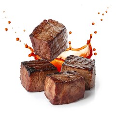 Grilled Steak Cubes Splashing with Sauce Drops