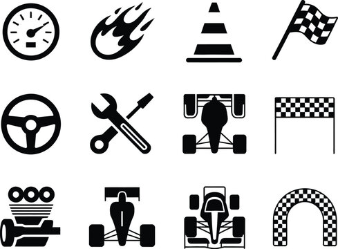 A versatile set of monochrome motorsport and racing icons, featuring symbols like a speedometer, checkered flag, race car silhouette, and repair tools