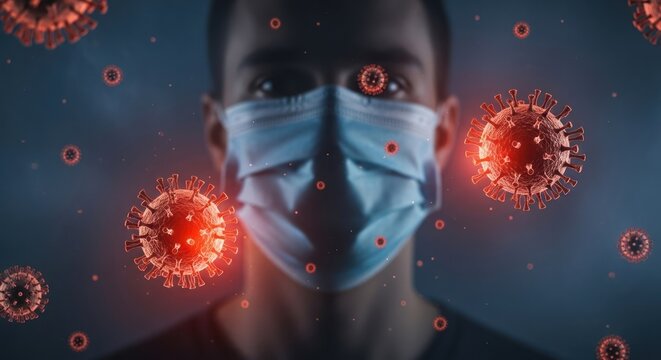 A man wearing a face mask against a dark background with floating red and orange virus particles. - Powered by Adobe