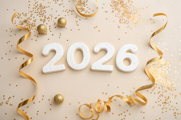 White “2026” typography surrounded by gold ribbons, glitter, and ornaments on a soft beige background — festive and refined New Year celebration visual. generative ai