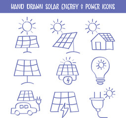 Hand drawn solar and renewable energy icon set. Doodle eco power symbols with panels, sun, battery, plug, electric car, and wind. Sketch vector collection for sustainability and green design