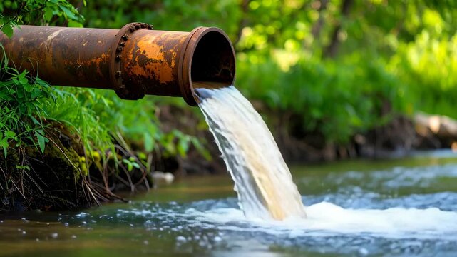 Industrial pipe expelling effluent into a river, surrounded by green foliage, showing water pollution and environmental concerns with rusty metal and flowing water.