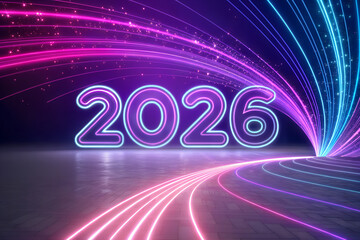 Glowing neon 2026 typography with swirling pink, purple, and blue light trails on a dark background — dynamic, futuristic celebration of the new year. generative ai