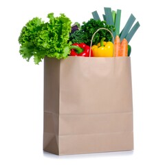 Paper Bag Full of Fresh Vegetables on White Background