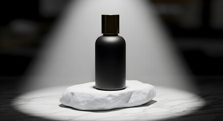 Black Bottle Mockup on White Stone Pedestal | Minimalist Product Display for Cosmetics, Serums and Beauty Packaging