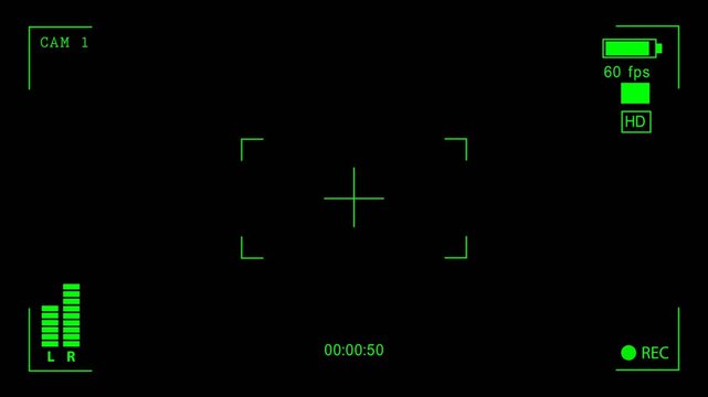 Camcorder recording screen Green digital camera recording interface on a black background, featuring REC indicator, focus frame, audio levels, timer, and HD icon &mdash; resembling a night-vision camera vie