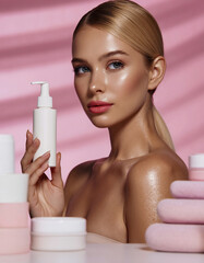 Woman with dispenser bottle, pink towels and jars, glowing skin
