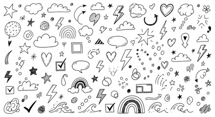 Hand drawn doodle element vector set including stars, lightning bolts, clouds, arrows, hearts, speech bubbles, check marks, and rainbows on a white background