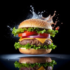 Realistic Burgers with Splashing Ingredients