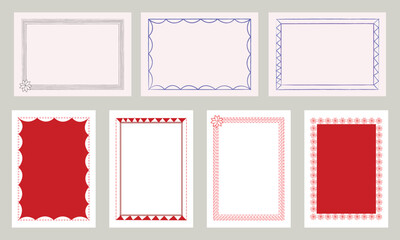 set of vintage and hand drawn doodle style border frames with scalloped and wavy edges for decorative design elements, vector illustration.