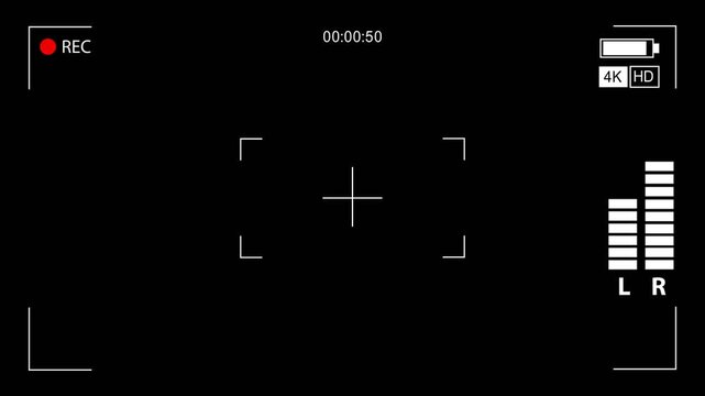 Camcorder recording screen Camcorder recording screen Minimalist black camera recording interface with white focus frame, REC indicator, audio levels, timer, and 4K HD icons,