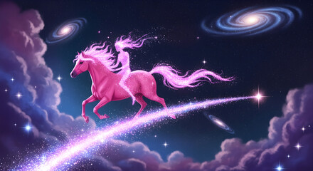 Woman Riding Pink Horse on Shooting Star Trail Through Nebula Galaxy | Fantasy Adventure Artwork for Children's Books, Posters, and Dreamy Concept Art