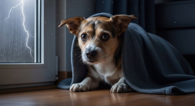 A small dog hiding under a blanket, looking out a window with a lightning bolt outside.