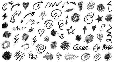 Hand drawn scribble doodle elements set: arrows, hearts, stars, swirls, messy circles, and abstract shapes collection on white background for design and emphasis.