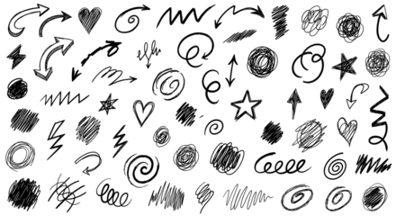 Hand drawn scribble doodle elements set: arrows, hearts, stars, swirls, messy circles, and abstract shapes collection on white background for design and emphasis.