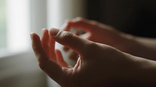 Close-up of hands gently tapping together. Soft natural light illuminates the scene.