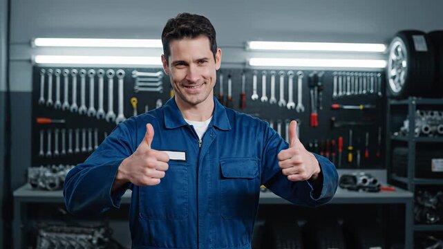 Happy Caucasian male wearing a blue work outfit, seen standing inside an automobile workshop. Skilled technician is giving a thumbs up and beaming warmly at the viewer