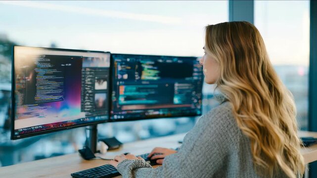 Female programmer is deeply engaged in coding on two screens in bright, contemporary office environment. Workspace features large windows, cityscape view, emphasizing productivity, innovation - Powered by Adobe