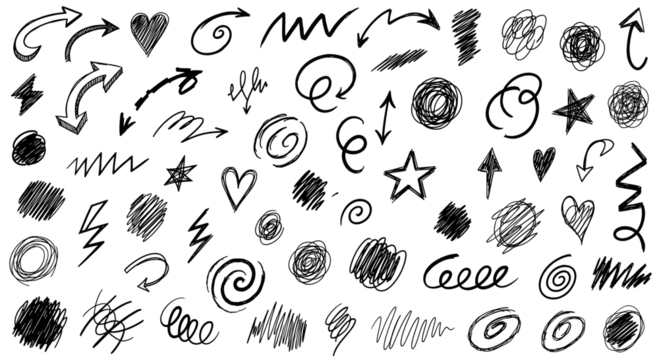 Hand drawn scribble doodle elements set: arrows, hearts, stars, swirls, messy circles, and abstract shapes collection on white background for design and emphasis.