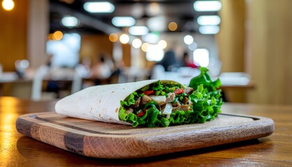 Shawarma Wrap on Wooden Board with Herbs