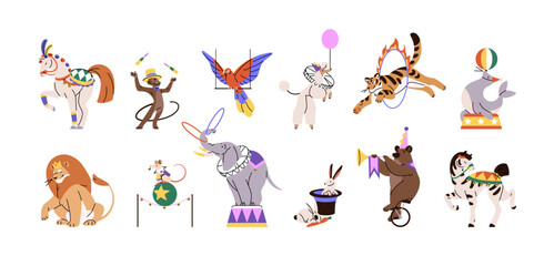 Set of circus animals. Happy horses, juggling monkey, tiger jumping through fire, cute elephant with hoops, bear on unicycle for cirque performance, show. Flat isolated vector illustrations on white © Paper Trident