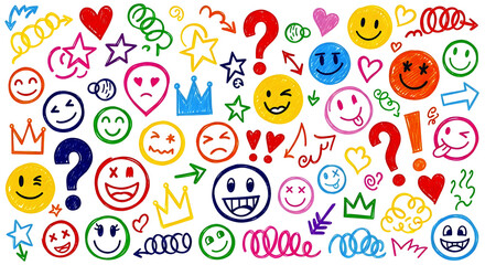 Colorful seamless pattern of vibrant, hand-drawn emojis, expressive faces, crowns, question marks, exclamation points, hearts, and arrows, all sketched in a doodle style