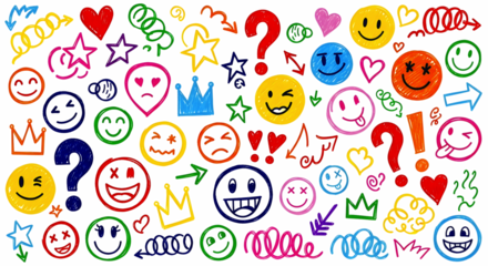 Colorful seamless pattern of vibrant, hand-drawn emojis, expressive faces, crowns, question marks, exclamation points, hearts, and arrows, all sketched in a doodle style