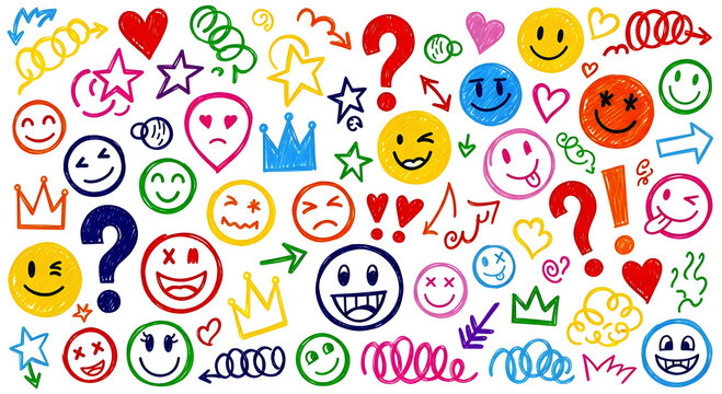 Colorful seamless pattern of vibrant, hand-drawn emojis, expressive faces, crowns, question marks, exclamation points, hearts, and arrows, all sketched in a doodle style