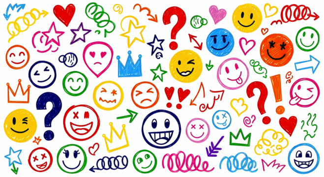 Colorful seamless pattern of vibrant, hand-drawn emojis, expressive faces, crowns, question marks, exclamation points, hearts, and arrows, all sketched in a doodle style