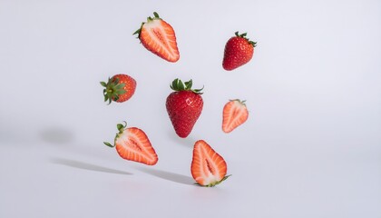 Suspended Strawberries in Minimal Studio on White Background