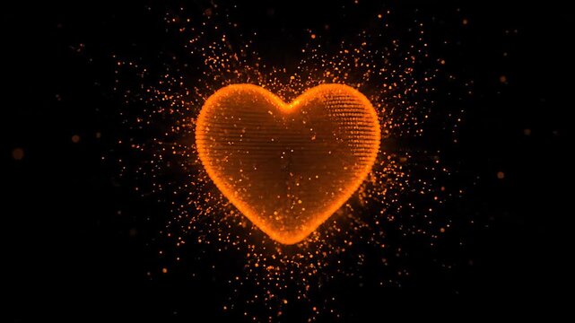 Vibrant orange heart materializing from a cluster of glowing particles against a solid black background, symbolizing love and passion