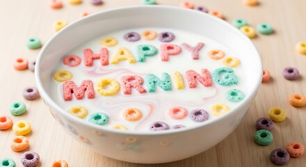 A delightful bowl of colorful alphabet cereal spells out happy morning surrounded by scattered cereal pieces on a wooden surface