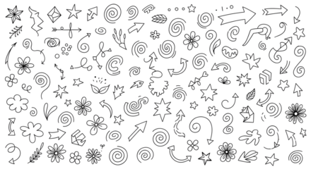 Hand drawn doodle elements vector set including various sketch arrows, swirls, geometric stars, decorative floral blossoms, leaves, and abstract shapes composition on white.