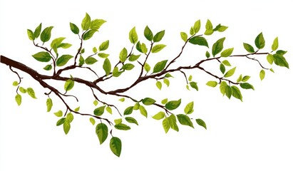 Illustration of Brown Tree Branch with Vibrant Green Leaves Against a Pure White Background, Depicting Spring, Nature's Growth, and Freshness.