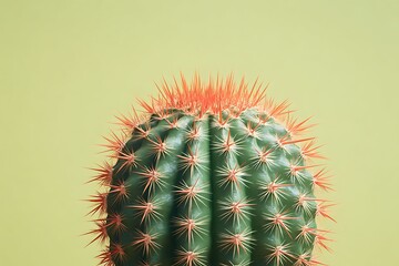 A vibrant cactus with striking red spines against a soft green background, showcasing its unique texture and color contrast.