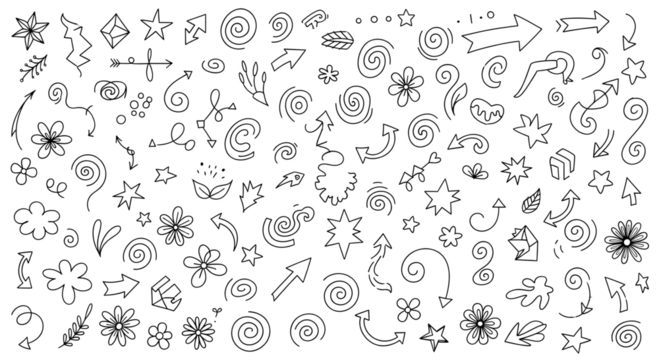 Hand drawn doodle elements vector set including various sketch arrows, swirls, geometric stars, decorative floral blossoms, leaves, and abstract shapes composition on white.