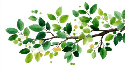 Watercolor Painting of a Tree Branch with Lush Green Leaves and Small Yellow Fruits on a White Background, Nature Art.