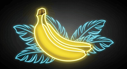 Banana artwork with neon glowing effect, featuring stylized leaves in background