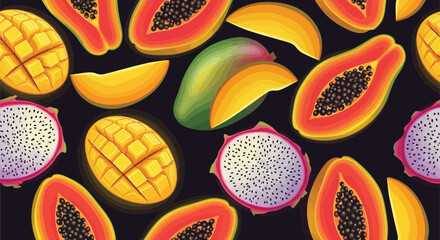 Exotic fruits arrangement, tropical design with mango, papaya and dragon fruit