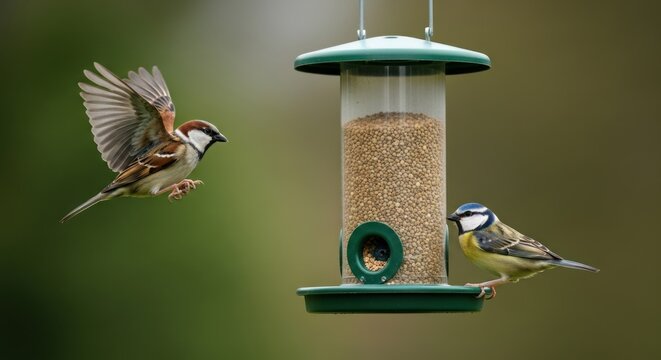 Two birds, a sparrow and a blue tit, on a bird feeder with seeds.