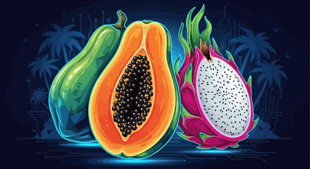 Tropical Cyberpunk Fruit Fusion with Dragon Fruit and Papaya on Digital Backdrop