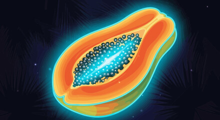 Vibrant Glowing Papaya Halved, set Against a Deep Night Sky Backdrop