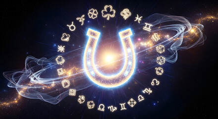 Glowing Horseshoe surrounded by Zodiac Signs | Digital Design for Luck, Horoscope, and Fortune Telling Concepts