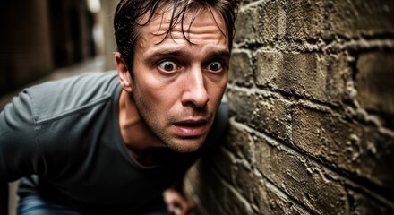 A man with wet hair and a surprised expression, leaning against a brick wall in an alleyway.