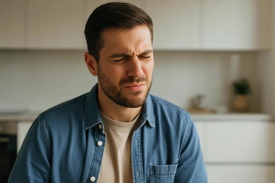 Man holding stomach in pain after eating. Symptoms of indigestion, gastritis, or food poisoning in a domestic kitchen setting