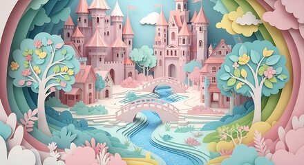 Pastel paper cut castle landscape with bridges and river flowing through the town