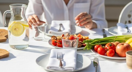 Naklejka premium A woman in a white shirt is sitting at a table with a plate of food, including tomatoes, asparagus, and a pitcher of water. 