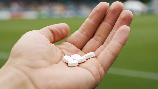 Close up of an athlete's hand holding white tablets, symbolizing sports doping and performance enhancing drugs, with a stadium field in the background