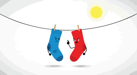 An animated illustration depicts two cartoon socks, one blue and one red, arguing while hanging on a clothesline under a bright yellow sun, representing conflict.